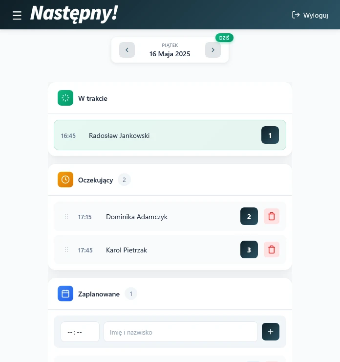 Następny! - Panel aplikacji